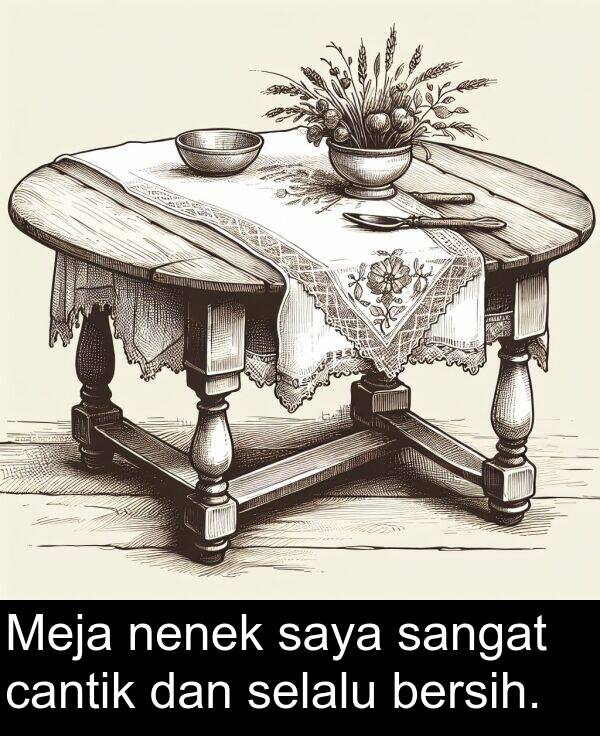 nenek: Meja nenek saya sangat cantik dan selalu bersih.