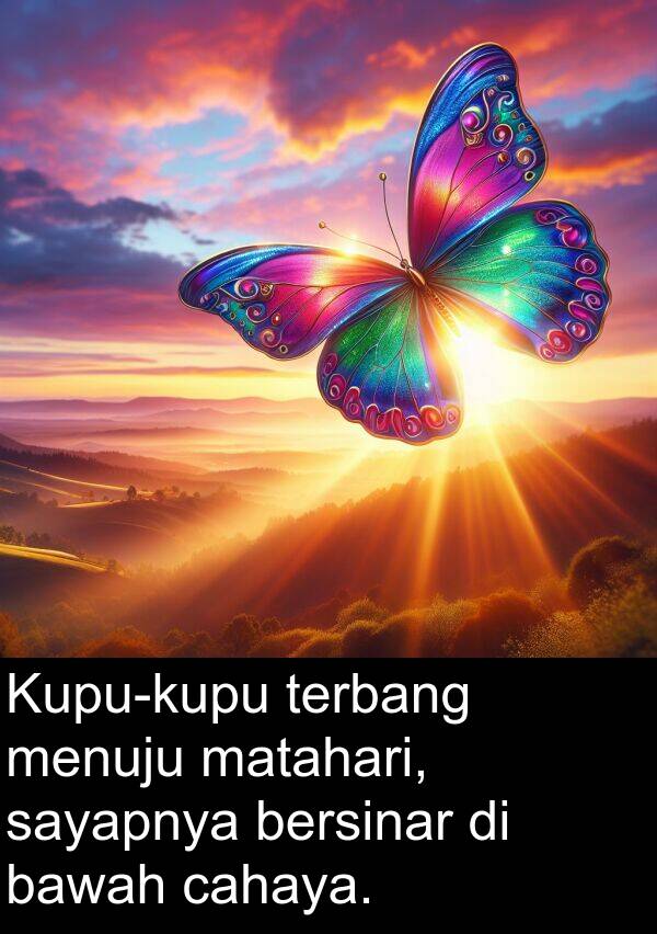 sayapnya: Kupu-kupu terbang menuju matahari, sayapnya bersinar di bawah cahaya.