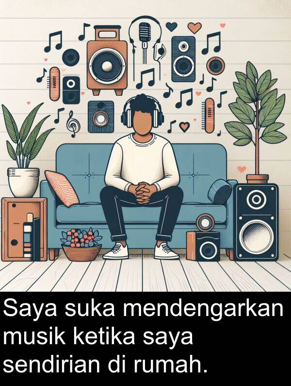 sendirian: Saya suka mendengarkan musik ketika saya sendirian di rumah.