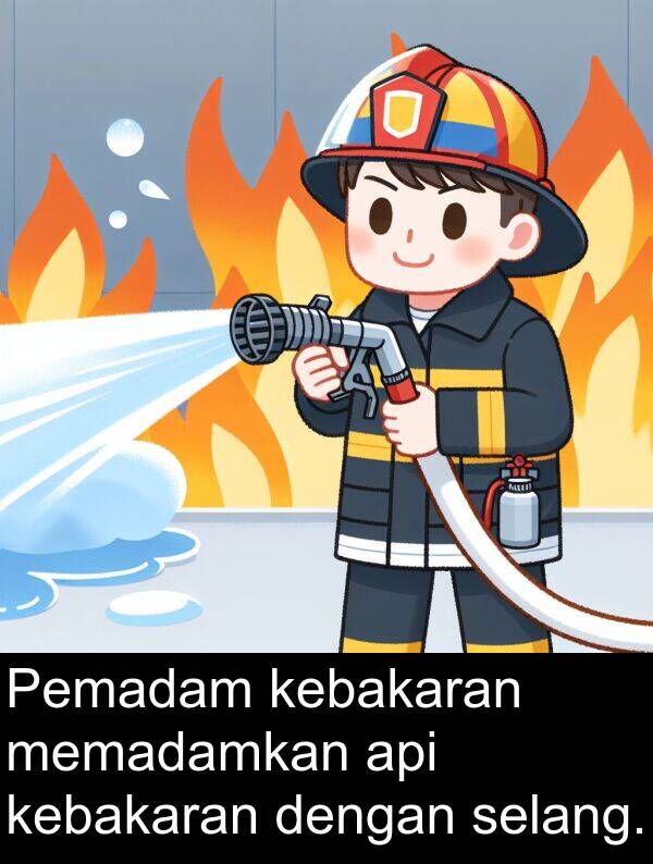 memadamkan: Pemadam kebakaran memadamkan api kebakaran dengan selang.