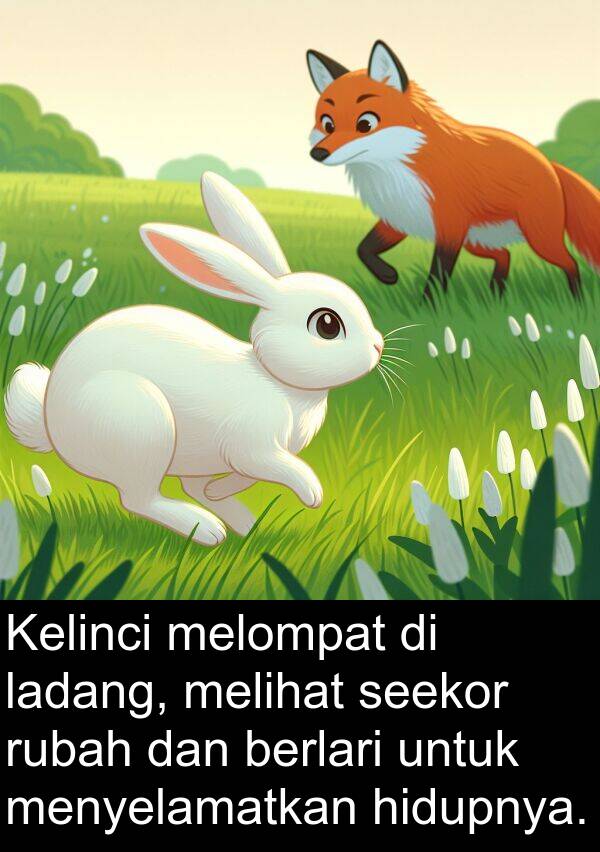hidupnya: Kelinci melompat di ladang, melihat seekor rubah dan berlari untuk menyelamatkan hidupnya.