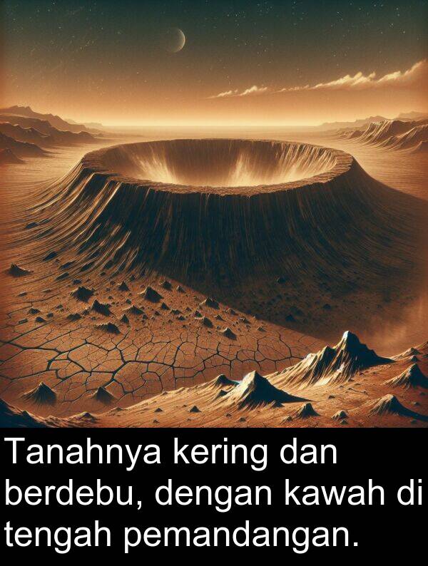 tengah: Tanahnya kering dan berdebu, dengan kawah di tengah pemandangan.