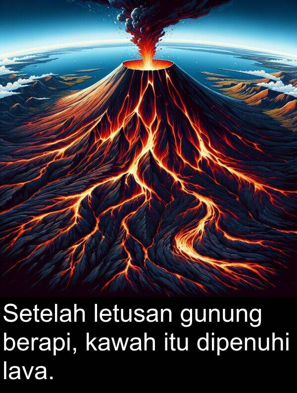 letusan: Setelah letusan gunung berapi, kawah itu dipenuhi lava.