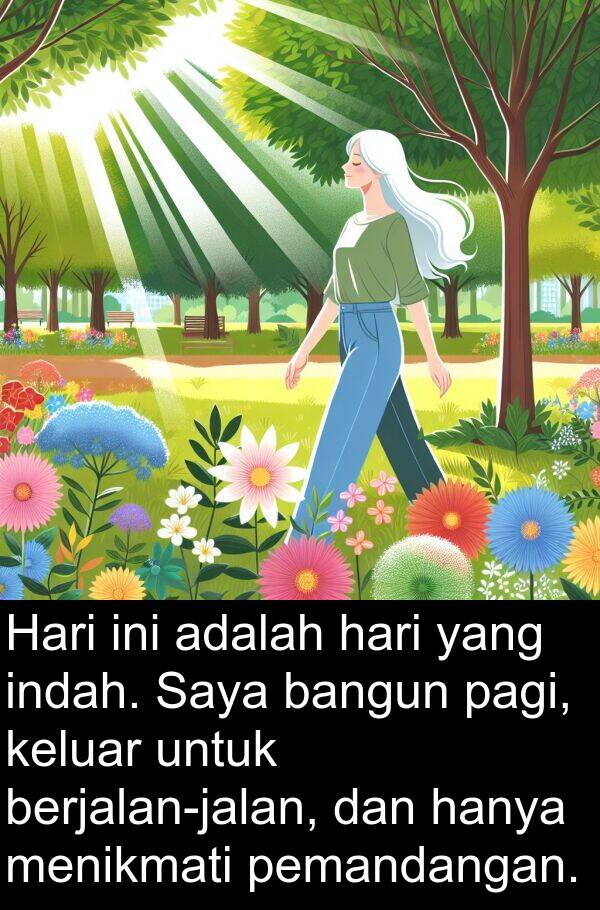 hanya: Hari ini adalah hari yang indah. Saya bangun pagi, keluar untuk berjalan-jalan, dan hanya menikmati pemandangan.
