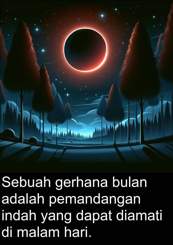 pemandangan: Sebuah gerhana bulan adalah pemandangan indah yang dapat diamati di malam hari.