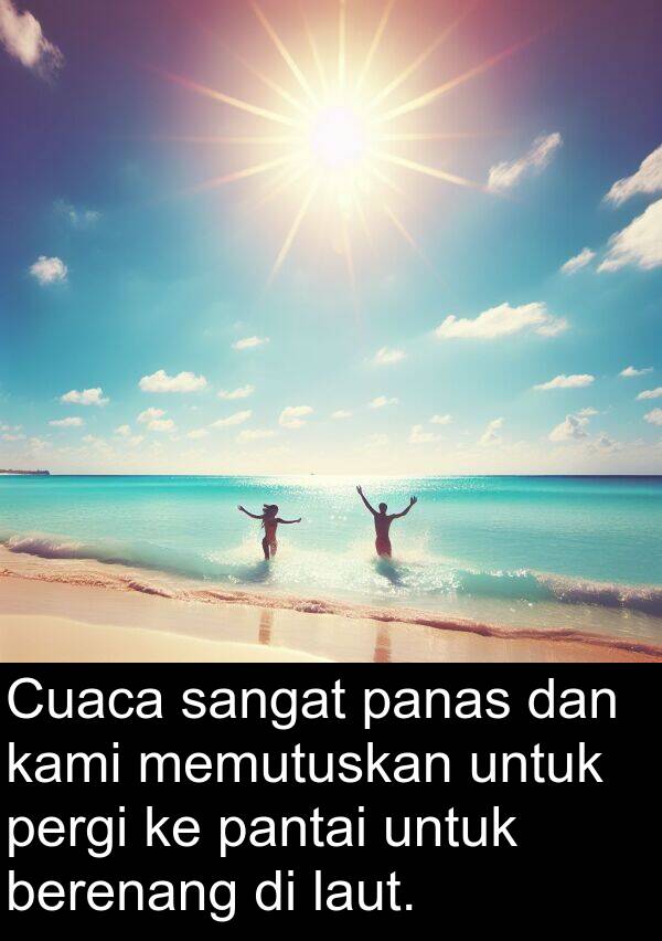 pantai: Cuaca sangat panas dan kami memutuskan untuk pergi ke pantai untuk berenang di laut.