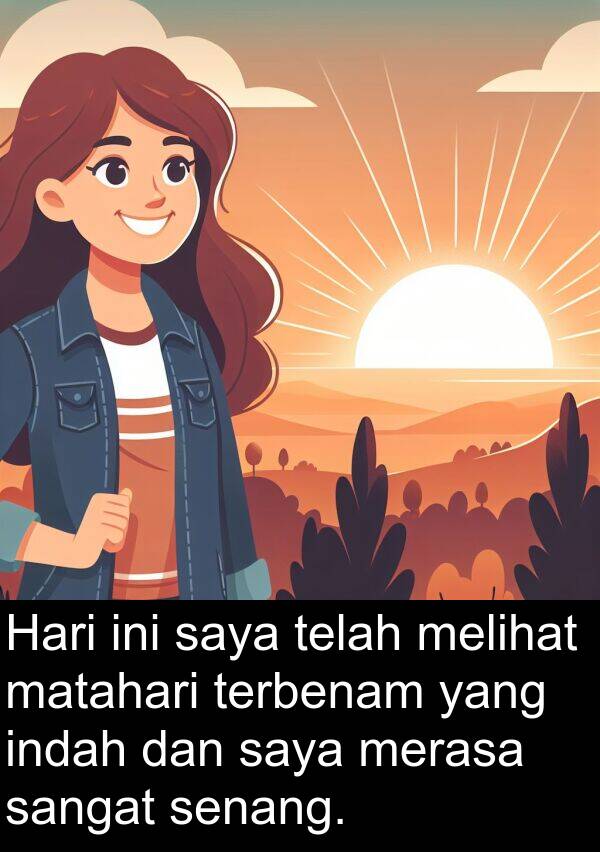 senang: Hari ini saya telah melihat matahari terbenam yang indah dan saya merasa sangat senang.