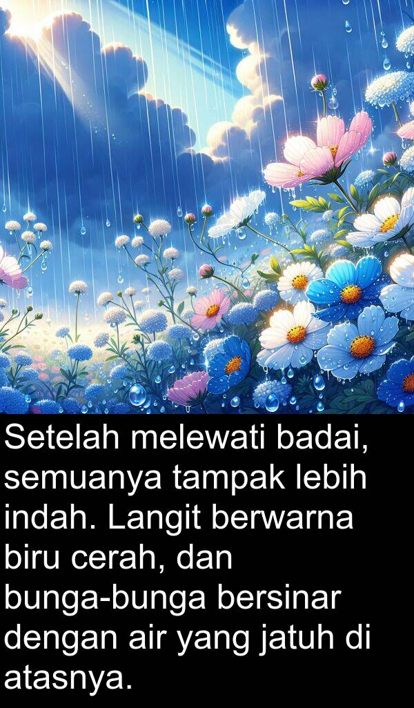 melewati: Setelah melewati badai, semuanya tampak lebih indah. Langit berwarna biru cerah, dan bunga-bunga bersinar dengan air yang jatuh di atasnya.