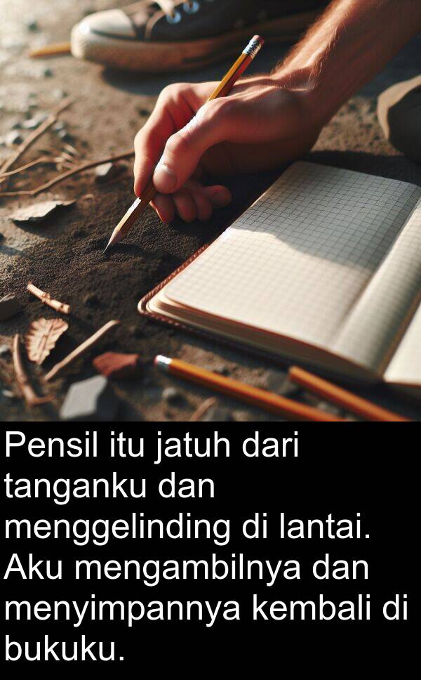 jatuh: Pensil itu jatuh dari tanganku dan menggelinding di lantai. Aku mengambilnya dan menyimpannya kembali di bukuku.