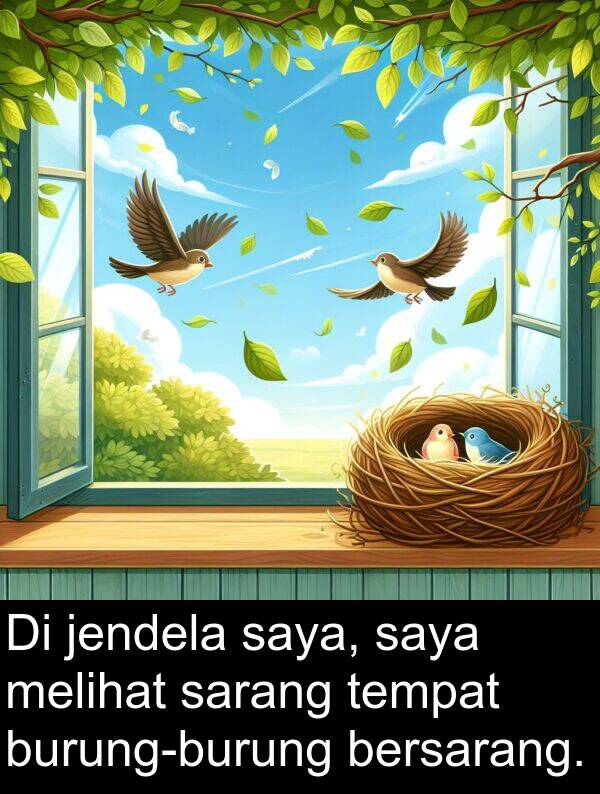 sarang: Di jendela saya, saya melihat sarang tempat burung-burung bersarang.
