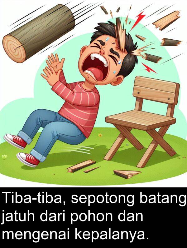 jatuh: Tiba-tiba, sepotong batang jatuh dari pohon dan mengenai kepalanya.