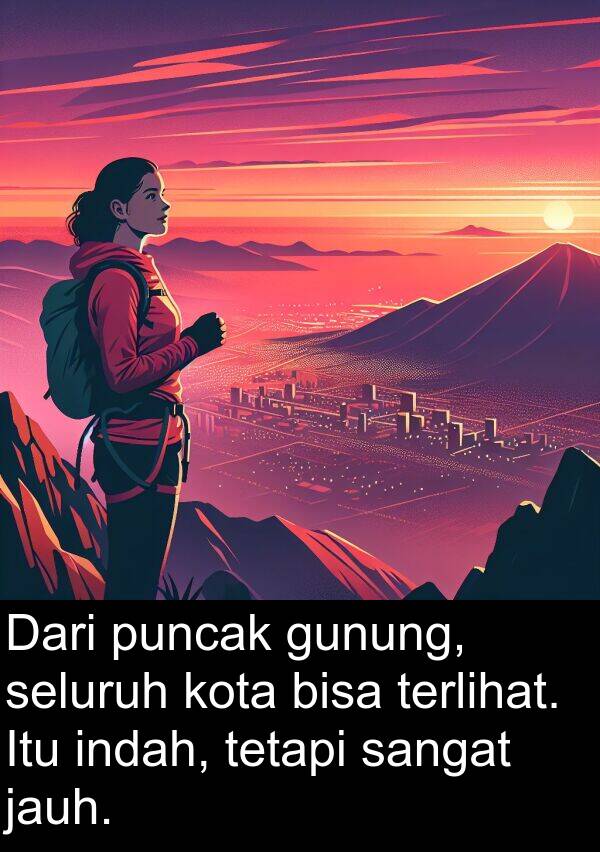 seluruh: Dari puncak gunung, seluruh kota bisa terlihat. Itu indah, tetapi sangat jauh.