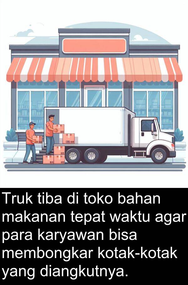 tepat: Truk tiba di toko bahan makanan tepat waktu agar para karyawan bisa membongkar kotak-kotak yang diangkutnya.