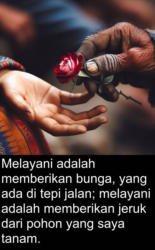 tanam: Melayani adalah memberikan bunga, yang ada di tepi jalan; melayani adalah memberikan jeruk dari pohon yang saya tanam.