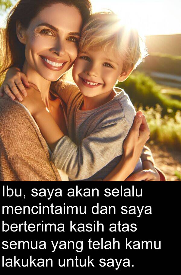 lakukan: Ibu, saya akan selalu mencintaimu dan saya berterima kasih atas semua yang telah kamu lakukan untuk saya.