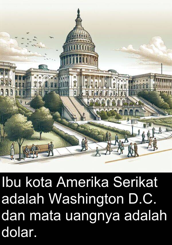 mata: Ibu kota Amerika Serikat adalah Washington D.C. dan mata uangnya adalah dolar.