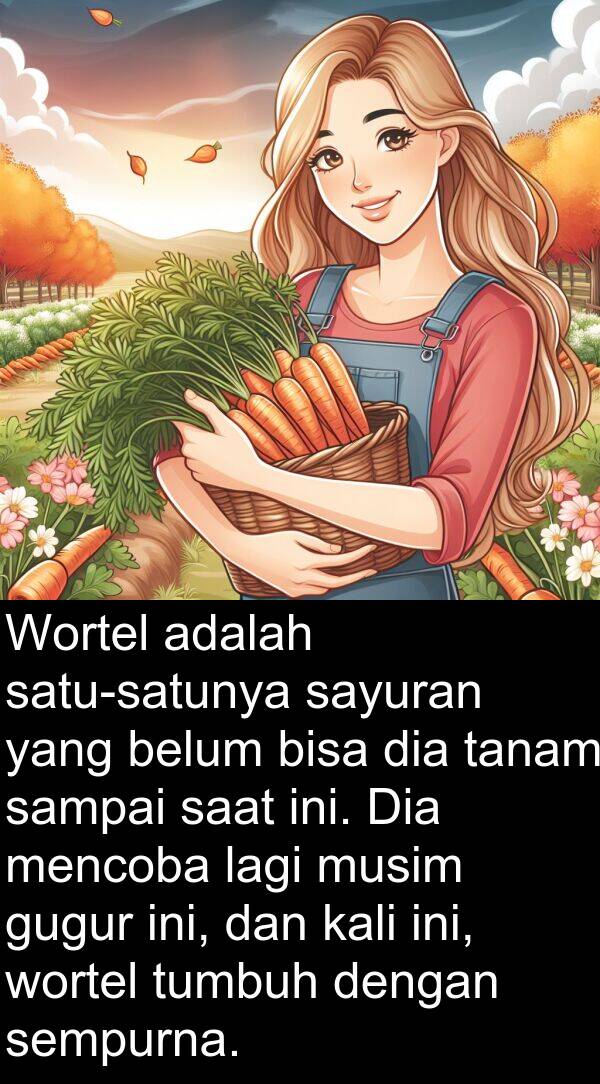 wortel: Wortel adalah satu-satunya sayuran yang belum bisa dia tanam sampai saat ini. Dia mencoba lagi musim gugur ini, dan kali ini, wortel tumbuh dengan sempurna.