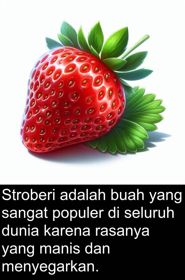 manis: Stroberi adalah buah yang sangat populer di seluruh dunia karena rasanya yang manis dan menyegarkan.