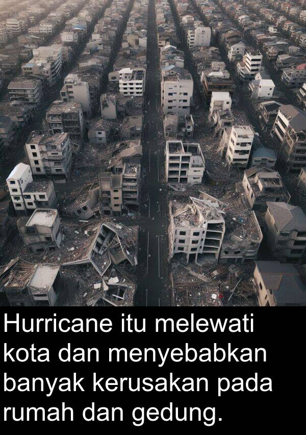melewati: Hurricane itu melewati kota dan menyebabkan banyak kerusakan pada rumah dan gedung.