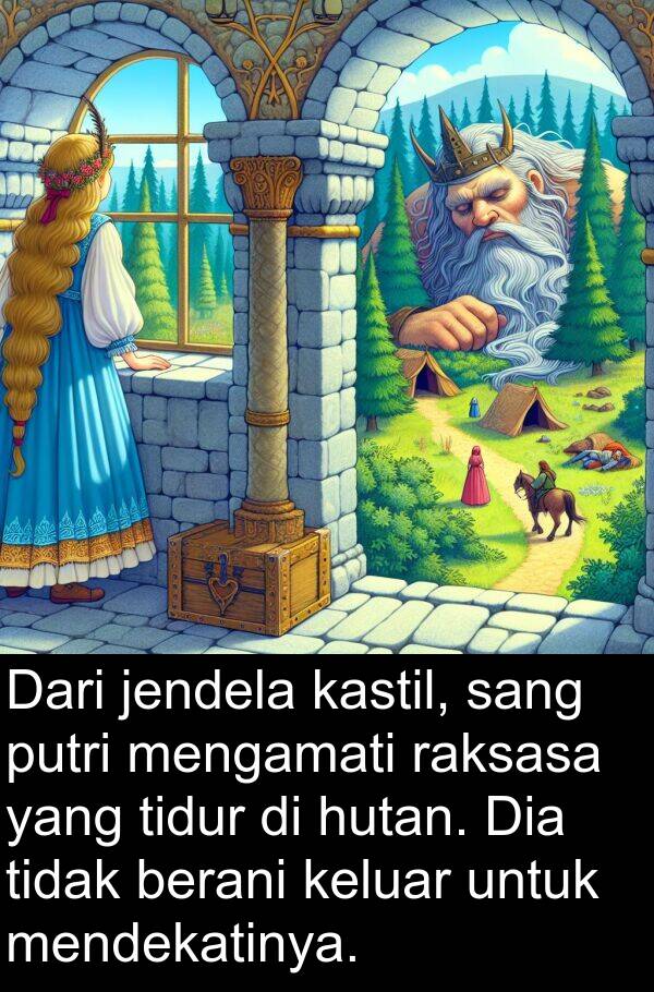 sang: Dari jendela kastil, sang putri mengamati raksasa yang tidur di hutan. Dia tidak berani keluar untuk mendekatinya.