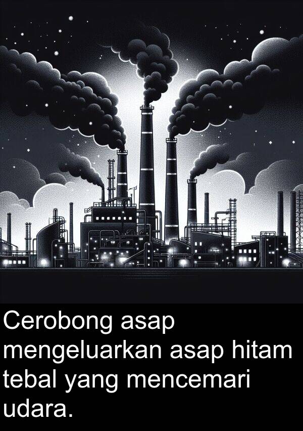 hitam: Cerobong asap mengeluarkan asap hitam tebal yang mencemari udara.