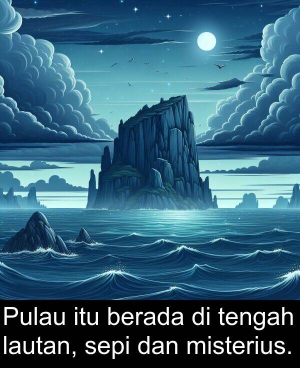 tengah: Pulau itu berada di tengah lautan, sepi dan misterius.