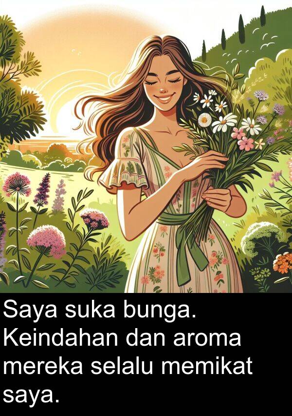 bunga: Saya suka bunga. Keindahan dan aroma mereka selalu memikat saya.