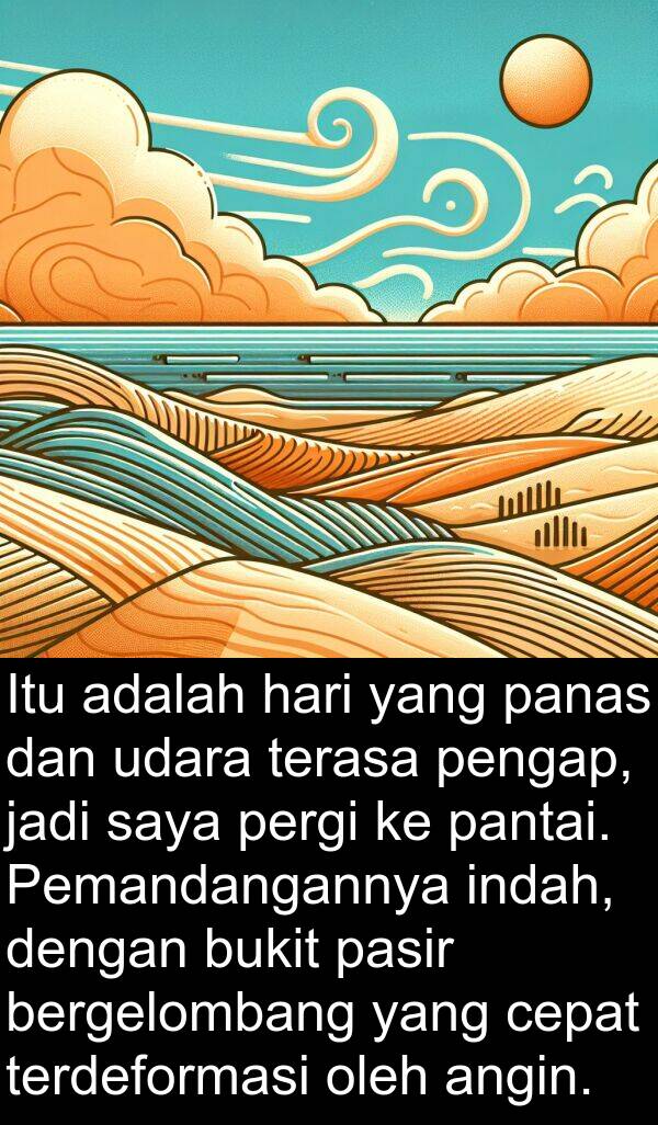 pasir: Itu adalah hari yang panas dan udara terasa pengap, jadi saya pergi ke pantai. Pemandangannya indah, dengan bukit pasir bergelombang yang cepat terdeformasi oleh angin.