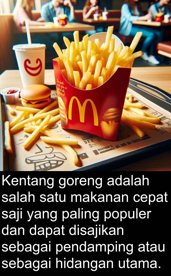saji: Kentang goreng adalah salah satu makanan cepat saji yang paling populer dan dapat disajikan sebagai pendamping atau sebagai hidangan utama.