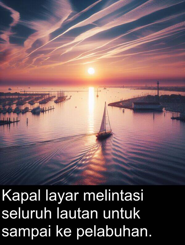 layar: Kapal layar melintasi seluruh lautan untuk sampai ke pelabuhan.