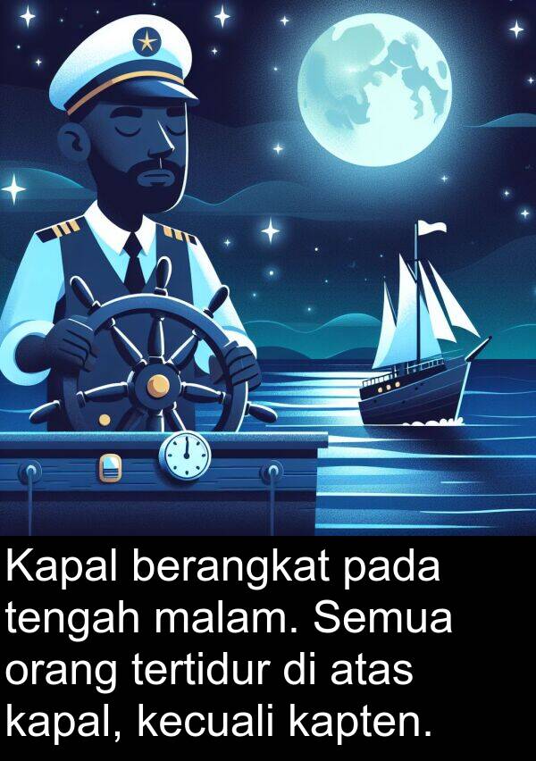 tengah: Kapal berangkat pada tengah malam. Semua orang tertidur di atas kapal, kecuali kapten.