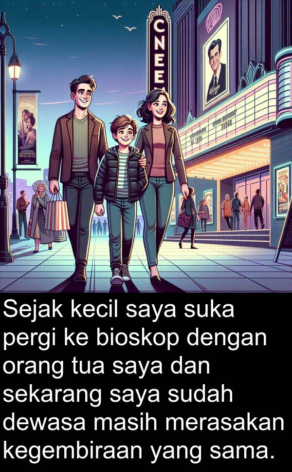 sekarang: Sejak kecil saya suka pergi ke bioskop dengan orang tua saya dan sekarang saya sudah dewasa masih merasakan kegembiraan yang sama.