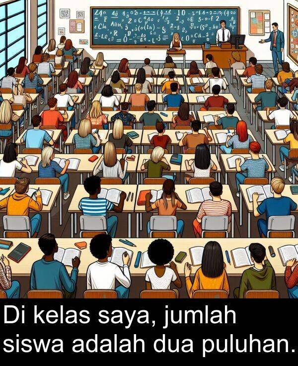 jumlah: Di kelas saya, jumlah siswa adalah dua puluhan.