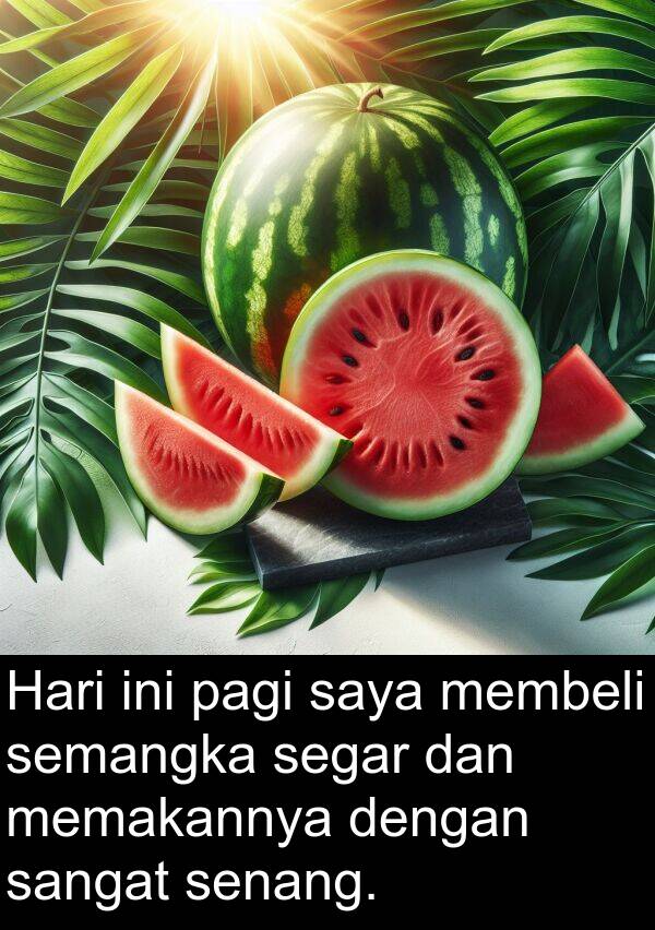 memakannya: Hari ini pagi saya membeli semangka segar dan memakannya dengan sangat senang.
