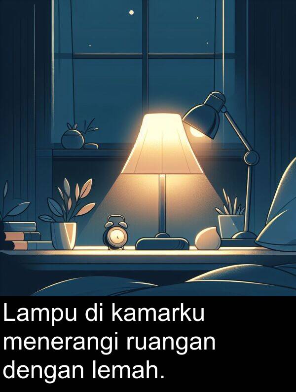 ruangan: Lampu di kamarku menerangi ruangan dengan lemah.