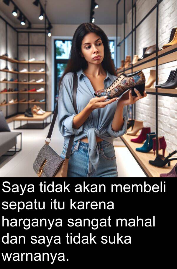 mahal: Saya tidak akan membeli sepatu itu karena harganya sangat mahal dan saya tidak suka warnanya.