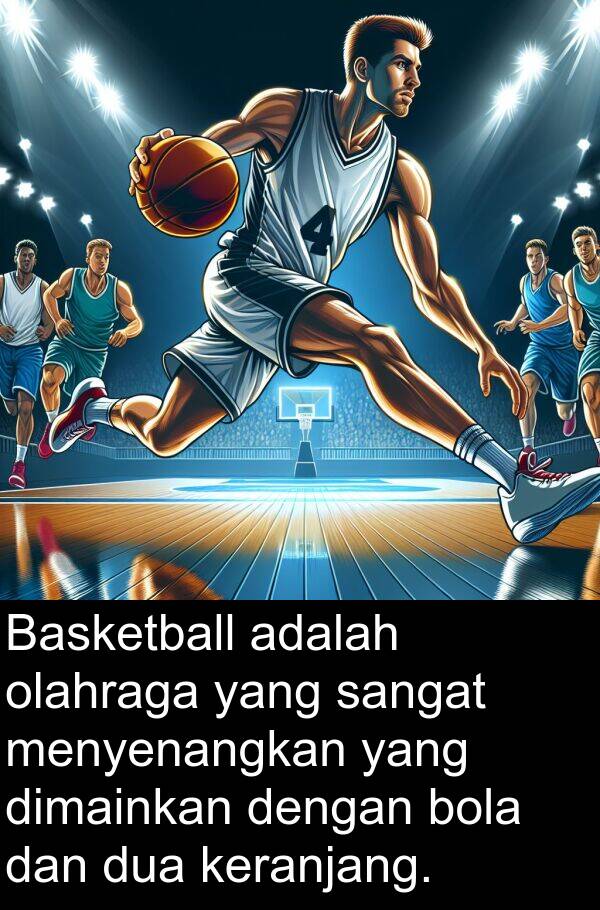 olahraga: Basketball adalah olahraga yang sangat menyenangkan yang dimainkan dengan bola dan dua keranjang.