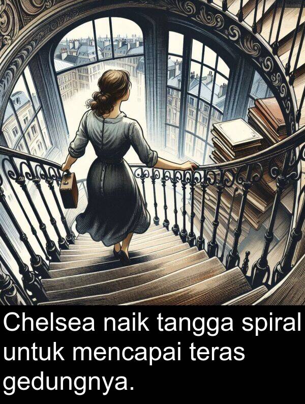 teras: Chelsea naik tangga spiral untuk mencapai teras gedungnya.
