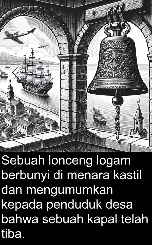 lonceng: Sebuah lonceng logam berbunyi di menara kastil dan mengumumkan kepada penduduk desa bahwa sebuah kapal telah tiba.