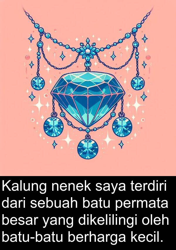 terdiri: Kalung nenek saya terdiri dari sebuah batu permata besar yang dikelilingi oleh batu-batu berharga kecil.