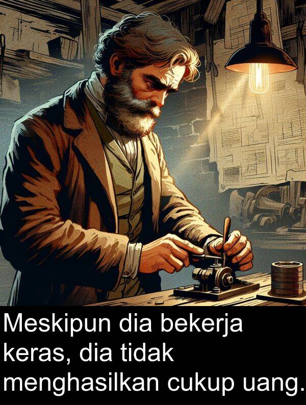 keras: Meskipun dia bekerja keras, dia tidak menghasilkan cukup uang.