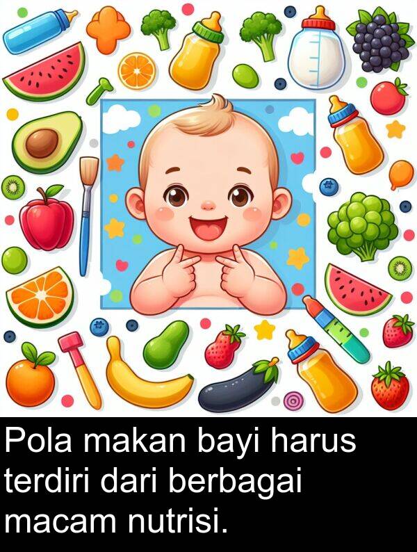 macam: Pola makan bayi harus terdiri dari berbagai macam nutrisi.