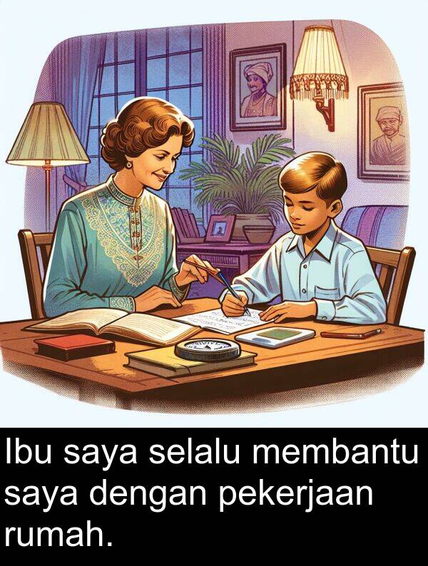pekerjaan: Ibu saya selalu membantu saya dengan pekerjaan rumah.