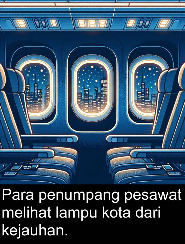 melihat: Para penumpang pesawat melihat lampu kota dari kejauhan.