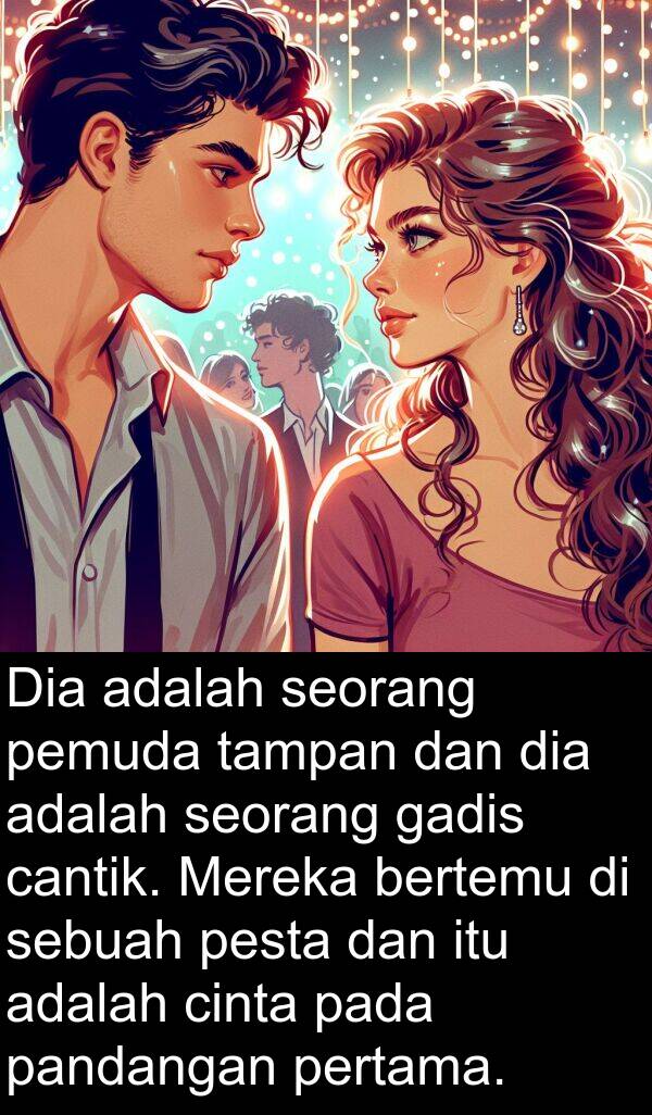 tampan: Dia adalah seorang pemuda tampan dan dia adalah seorang gadis cantik. Mereka bertemu di sebuah pesta dan itu adalah cinta pada pandangan pertama.