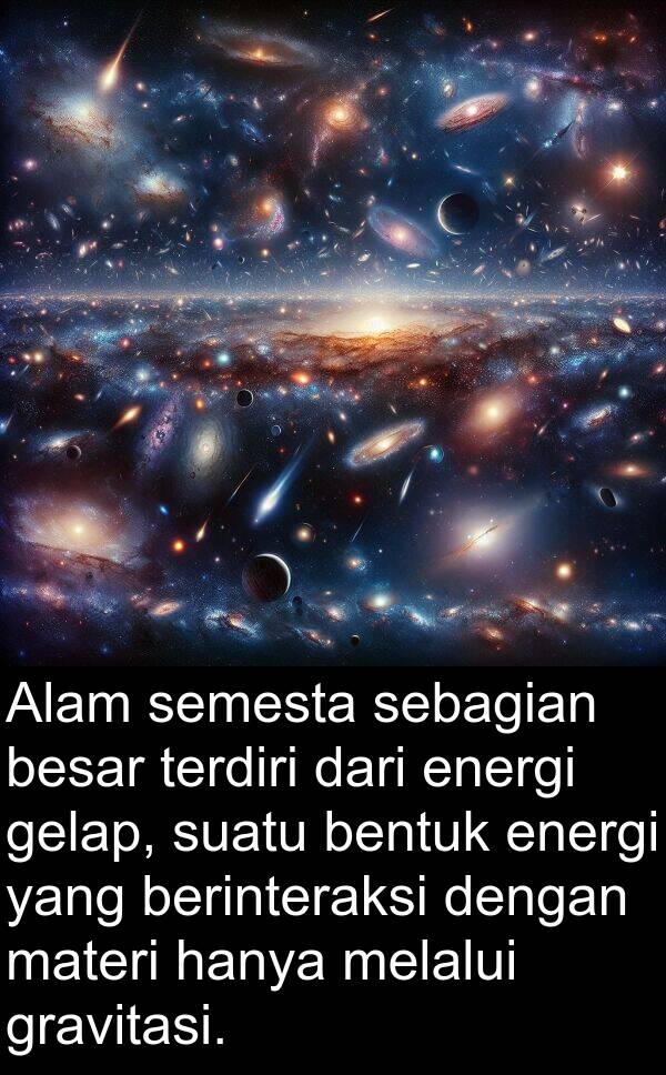 semesta: Alam semesta sebagian besar terdiri dari energi gelap, suatu bentuk energi yang berinteraksi dengan materi hanya melalui gravitasi.