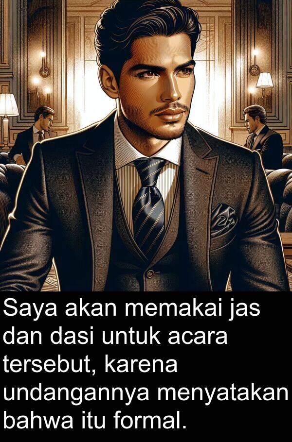 memakai: Saya akan memakai jas dan dasi untuk acara tersebut, karena undangannya menyatakan bahwa itu formal.