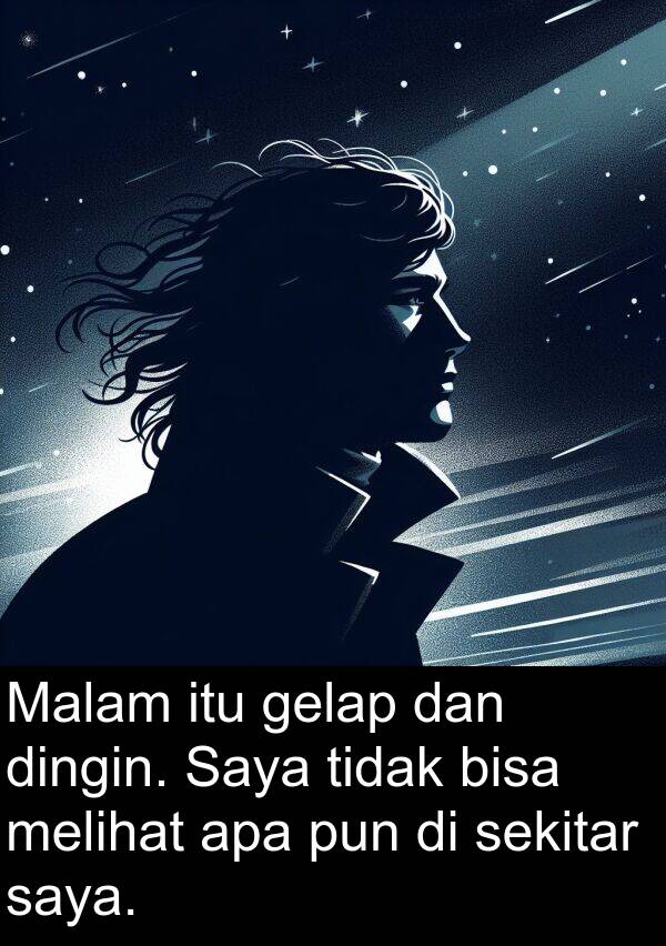 sekitar: Malam itu gelap dan dingin. Saya tidak bisa melihat apa pun di sekitar saya.