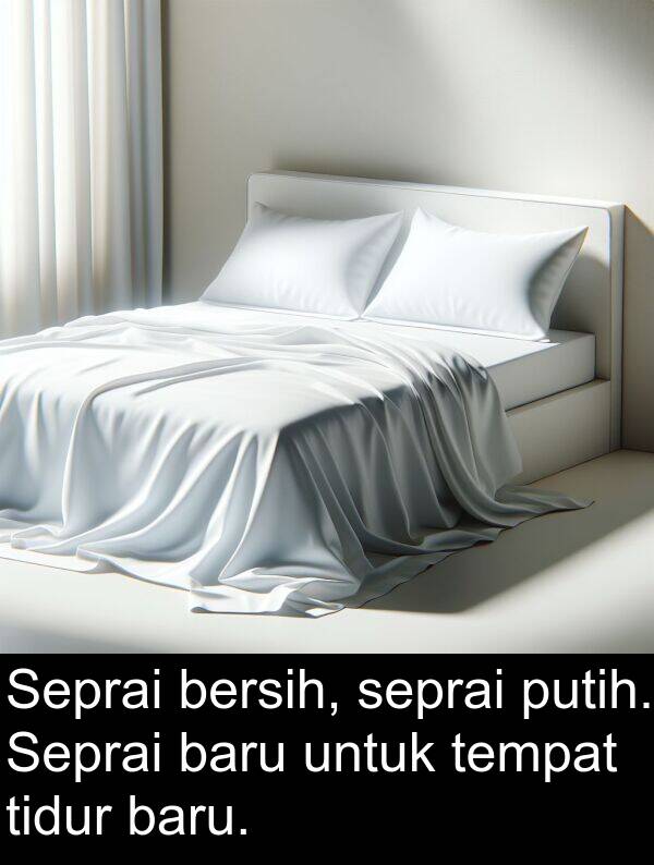 seprai: Seprai bersih, seprai putih. Seprai baru untuk tempat tidur baru.