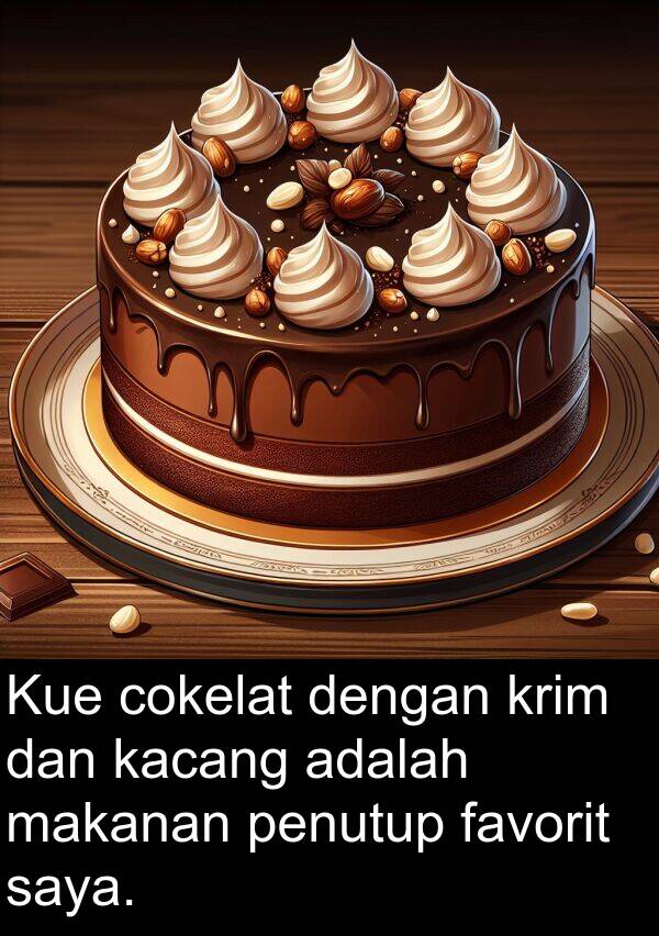 makanan: Kue cokelat dengan krim dan kacang adalah makanan penutup favorit saya.